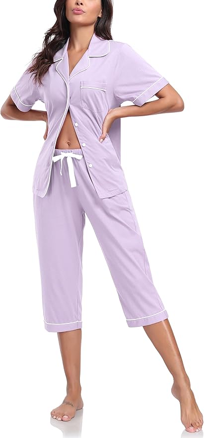 Women's 100% Cotton Capri Pajama Set - Short Sleeve - 2 Piece
