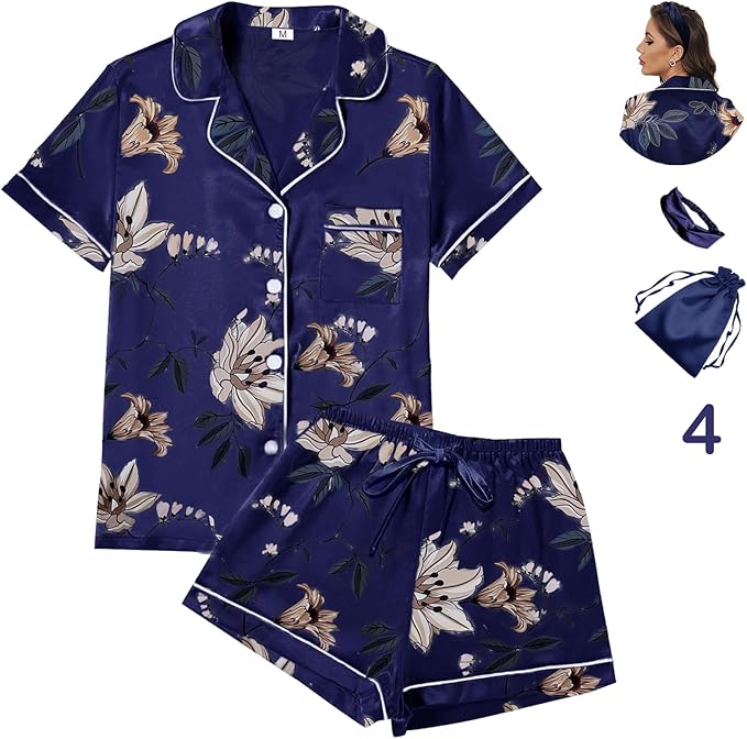Satin Pajama Set - Short Sleeve - 4 Piece