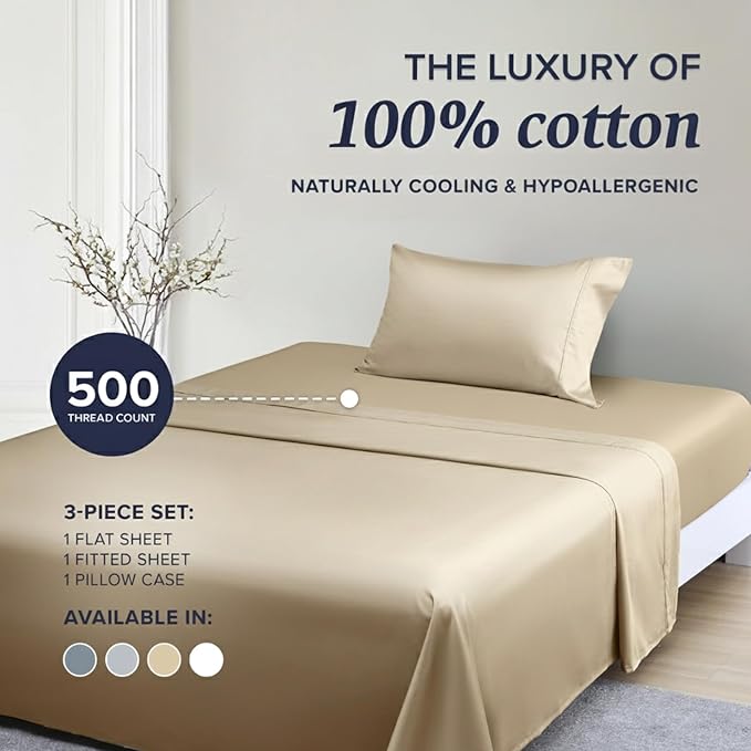 100% Cotton Bed Sheet Set - Twin - 3 Piece