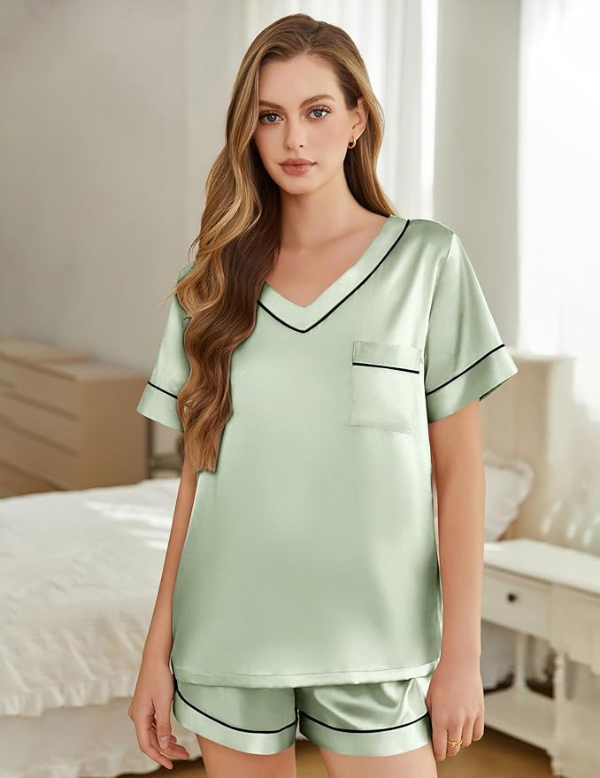 Women's Satin Pajama Set - Short Sleeve - 2 Piece
