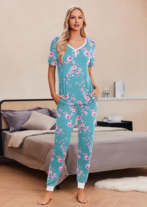 Women's Pants Pajama Set - Short Sleeve - 2 Piece