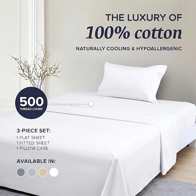 100% Cotton Bed Sheet Set - Twin - 3 Piece