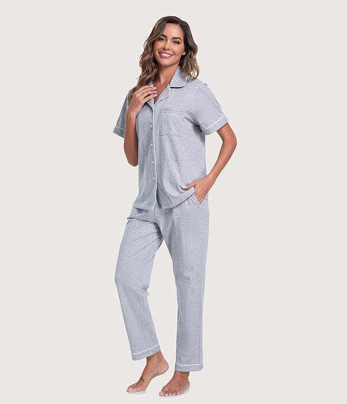 Women's 100% Cotton Pants Pajama Set - Short Sleeve - 2 Piece