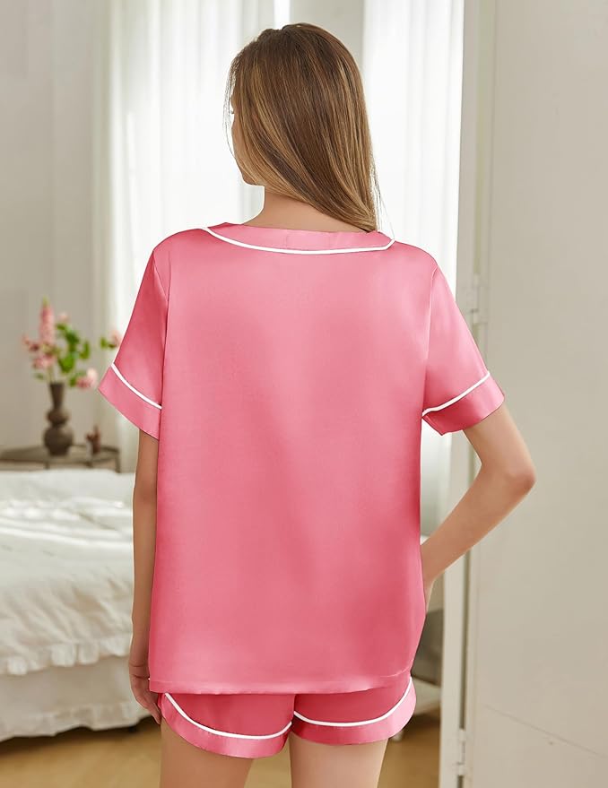 Women's Satin Pajama Set - Short Sleeve - 2 Piece