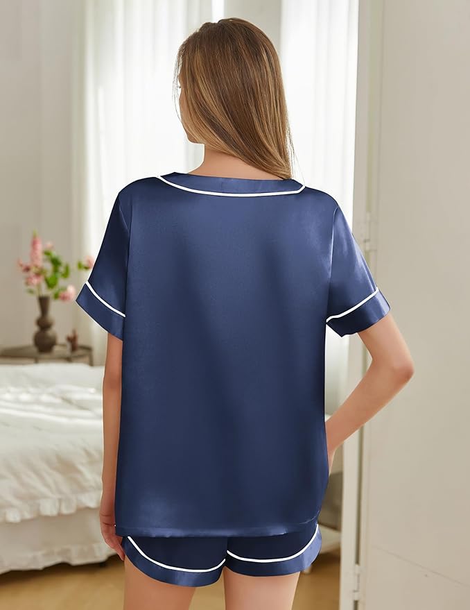 Women's Satin Pajama Set - Short Sleeve - 2 Piece