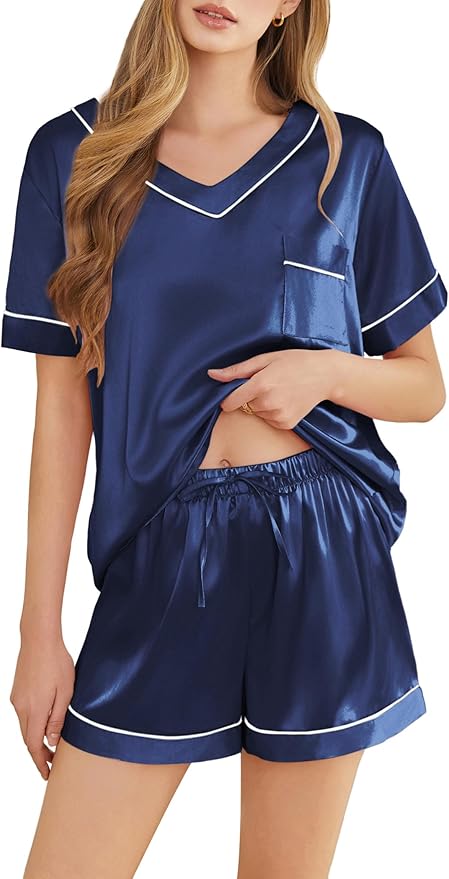 Women's Satin Pajama Set - Short Sleeve - 2 Piece