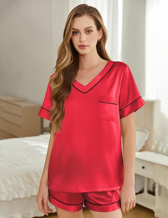 Women's Satin Pajama Set - Short Sleeve - 2 Piece
