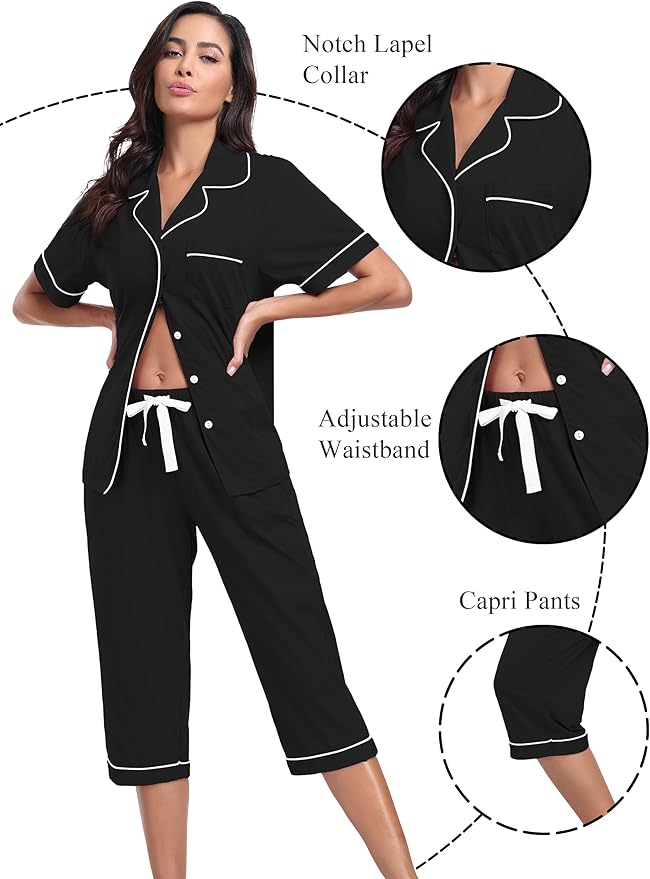 Women's 100% Cotton Capri Pajama Set - Short Sleeve - 2 Piece