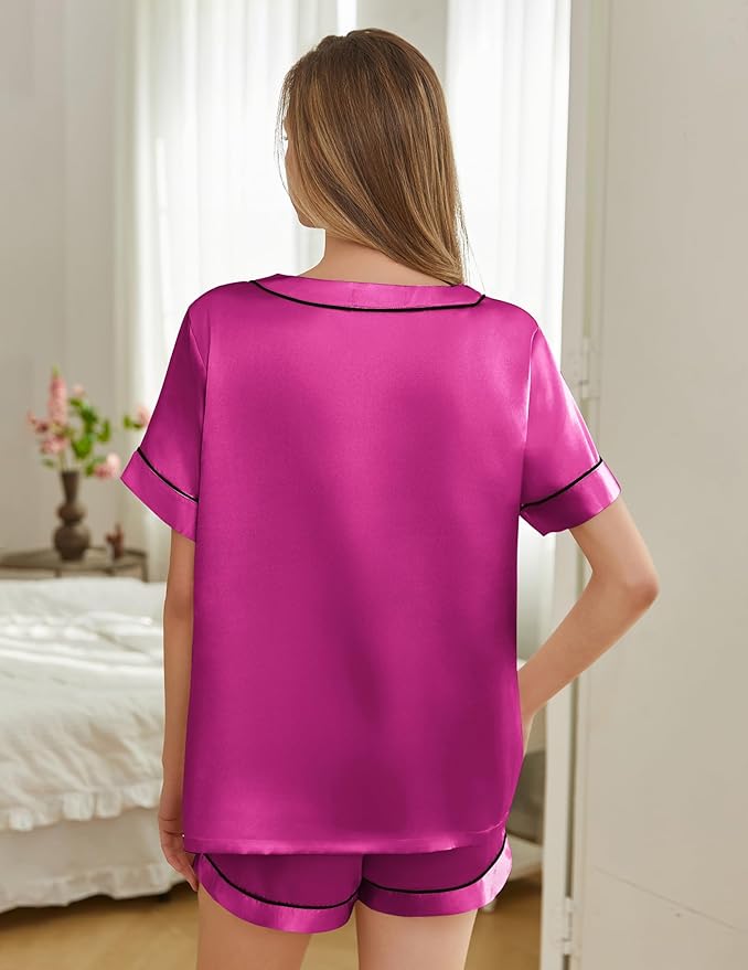 Women's Satin Pajama Set - Short Sleeve - 2 Piece