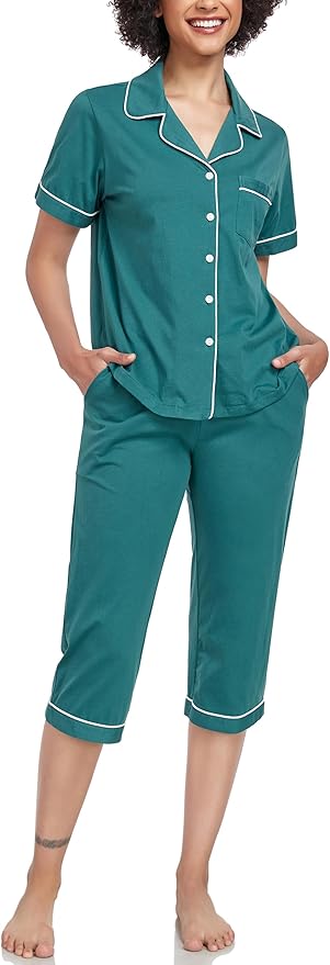Women's 100% Cotton Capri Pajama Set - Short Sleeve - 2 Piece