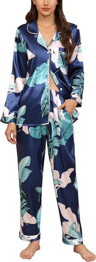 Women's Satin Pajama Set - Long Sleeve - 2 Piece
