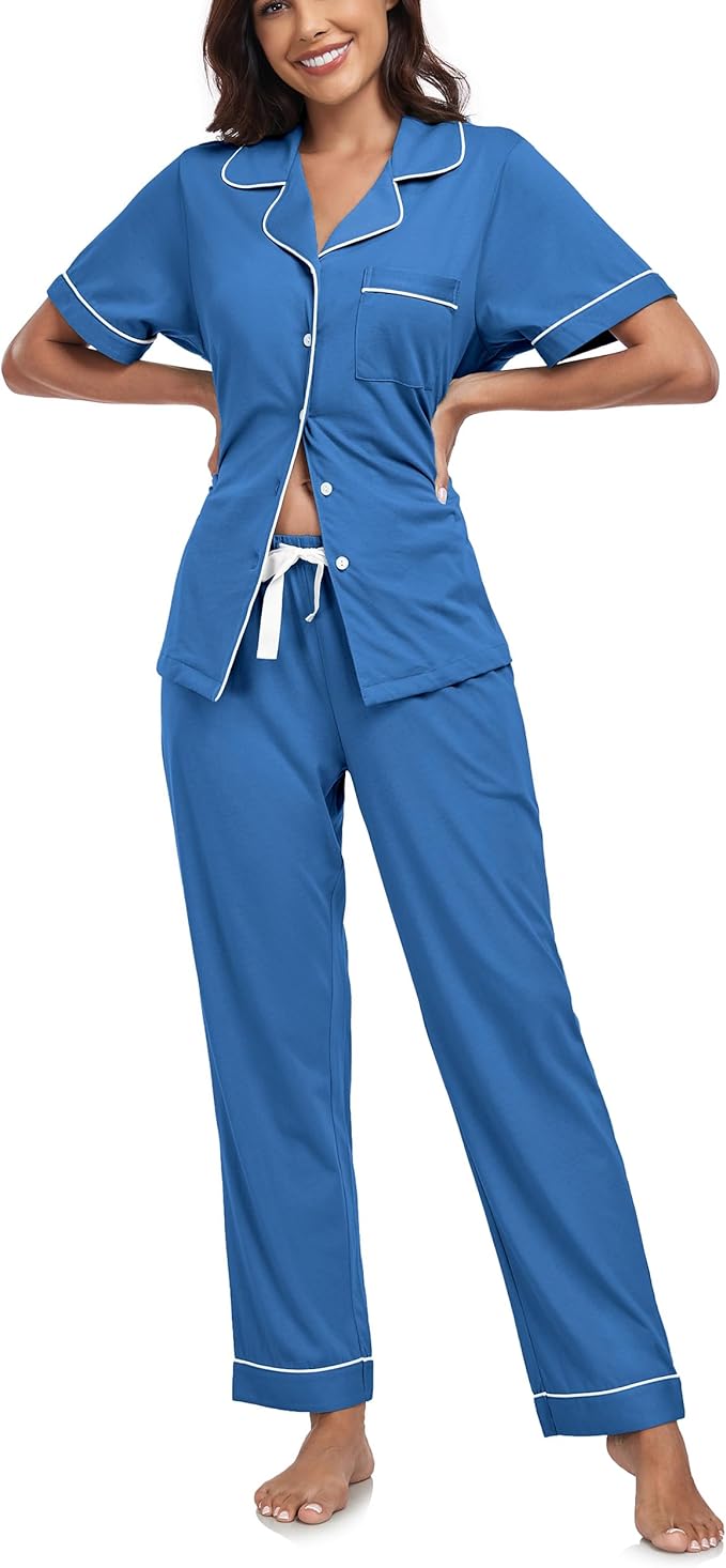 Women's 100% Cotton Pants Pajama Set - Short Sleeve - 2 Piece