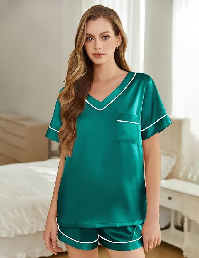 Women's Satin Pajama Set - Short Sleeve - 2 Piece
