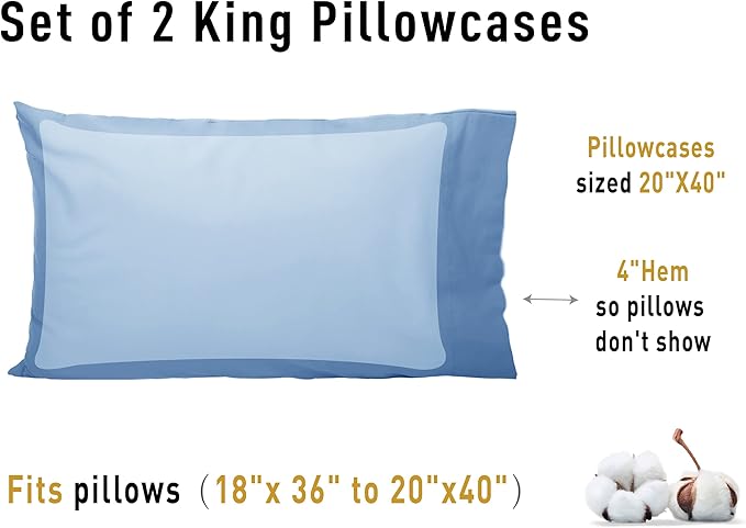 100% Cotton Pillowcase Set - King - 20 x 40 in - 2 Piece
