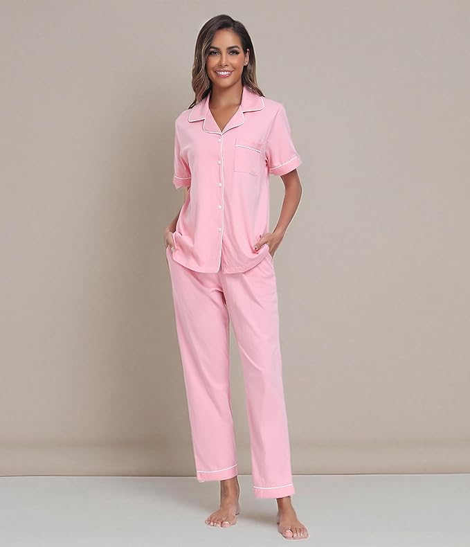 Women's 100% Cotton Pants Pajama Set - Short Sleeve - 2 Piece