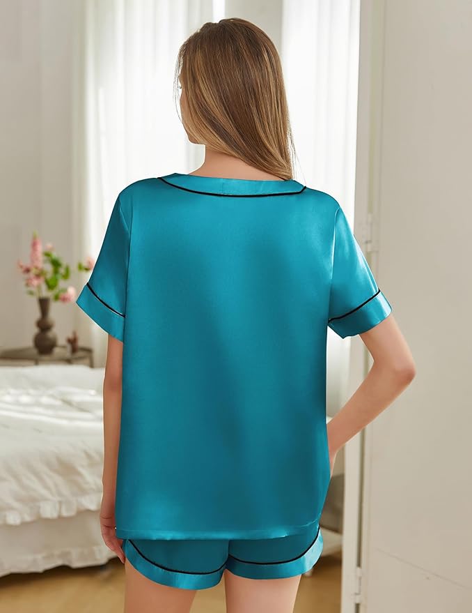Women's Satin Pajama Set - Short Sleeve - 2 Piece