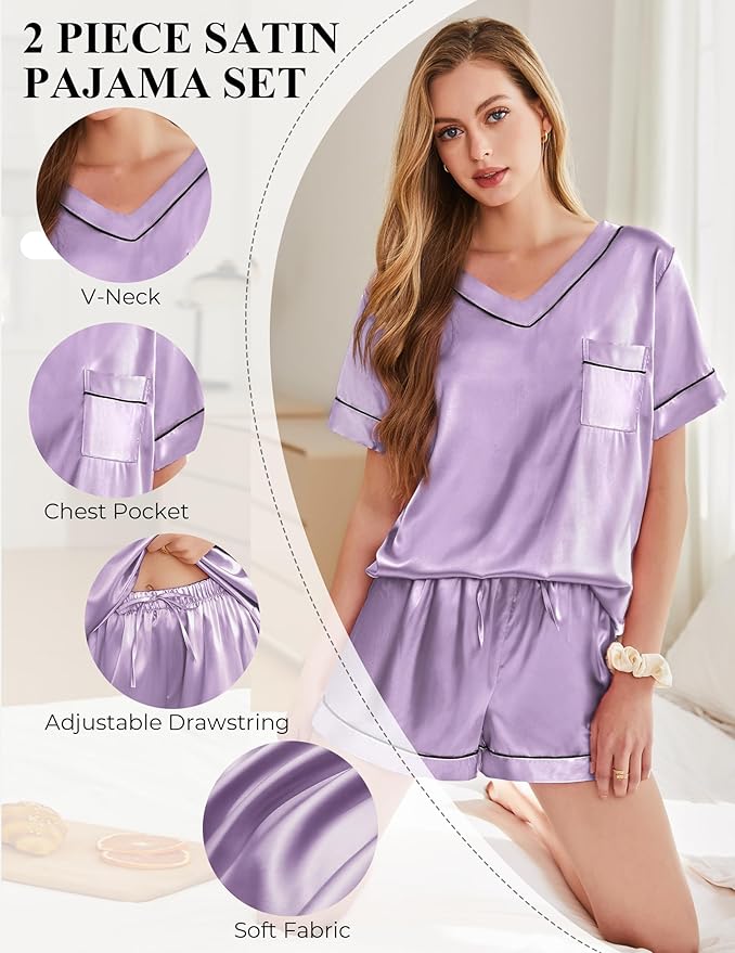 Women's Satin Pajama Set - Short Sleeve - 2 Piece