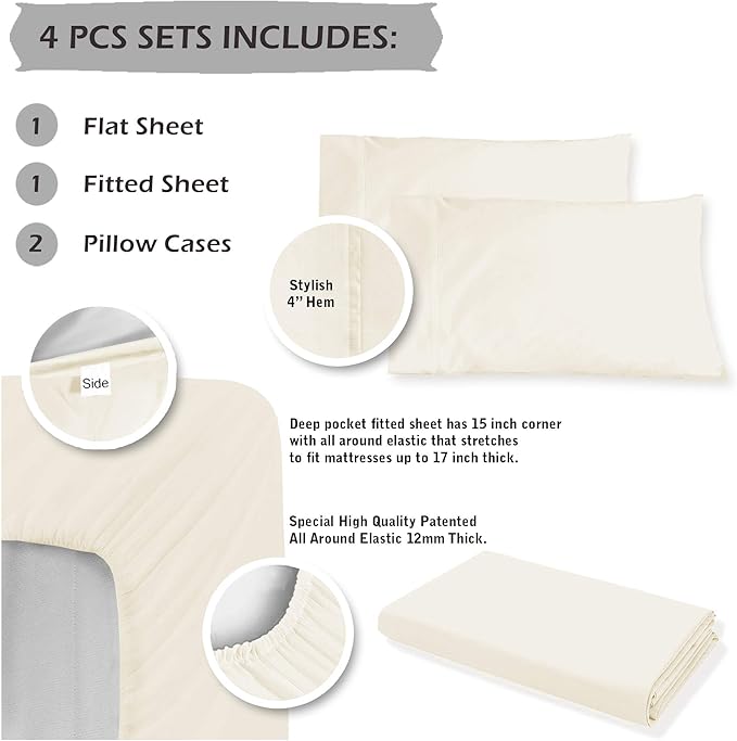 100% Cotton Bed Sheet Set - King - 15 in Deep Pocket