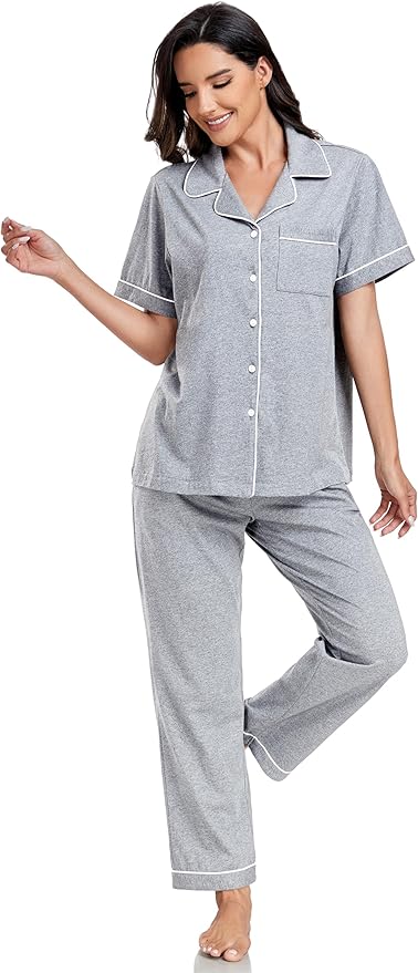 Women's 100% Cotton Pants Pajama Set - Short Sleeve - 2 Piece