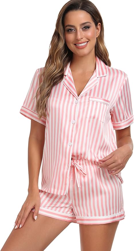Women's Satin Pajama Set - Short Sleeve - 2 Piece
