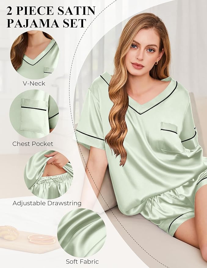 Women's Satin Pajama Set - Short Sleeve - 2 Piece