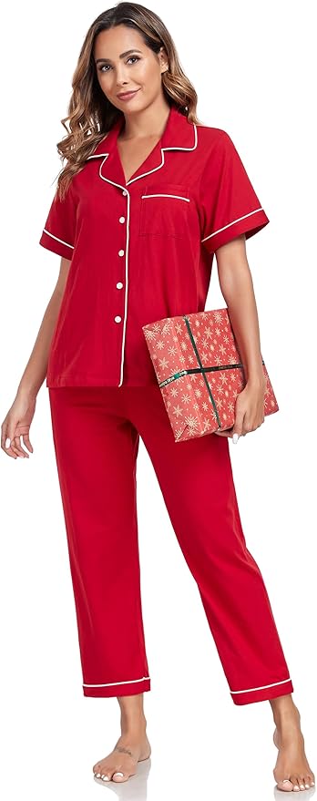 Women's 100% Cotton Pants Pajama Set - Short Sleeve - 2 Piece