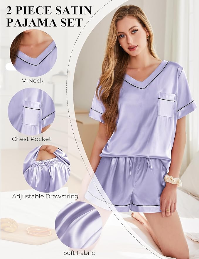 Women's Satin Pajama Set - Short Sleeve - 2 Piece