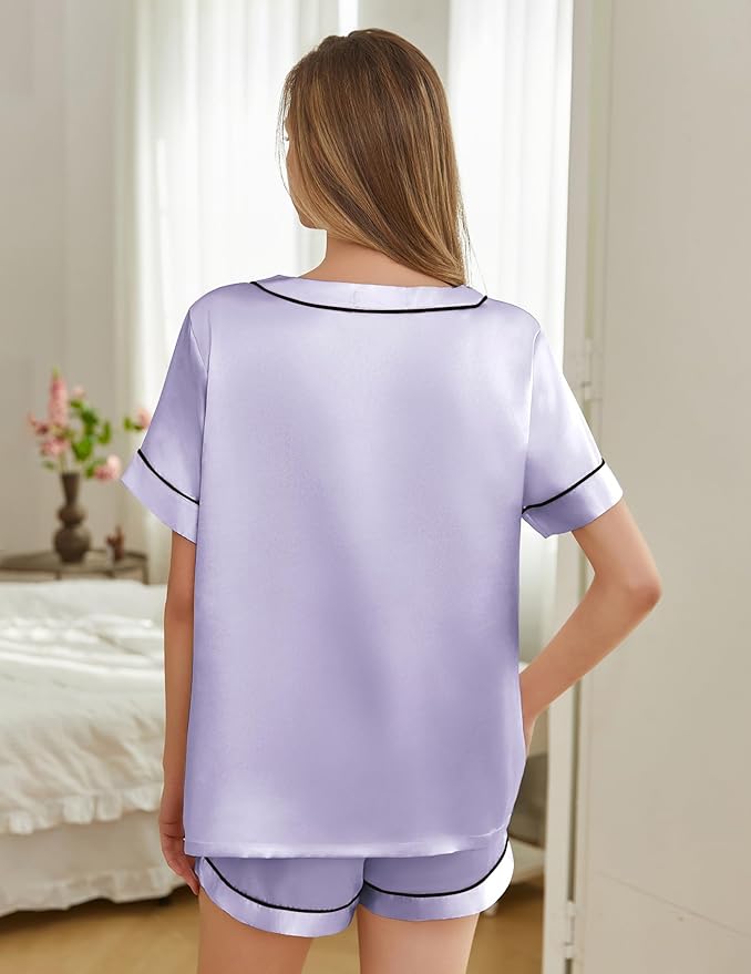 Women's Satin Pajama Set - Short Sleeve - 2 Piece