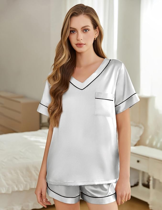 Women's Satin Pajama Set - Short Sleeve - 2 Piece