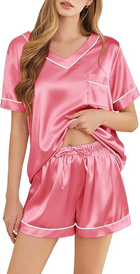 Women's Satin Pajama Set - Short Sleeve - 2 Piece