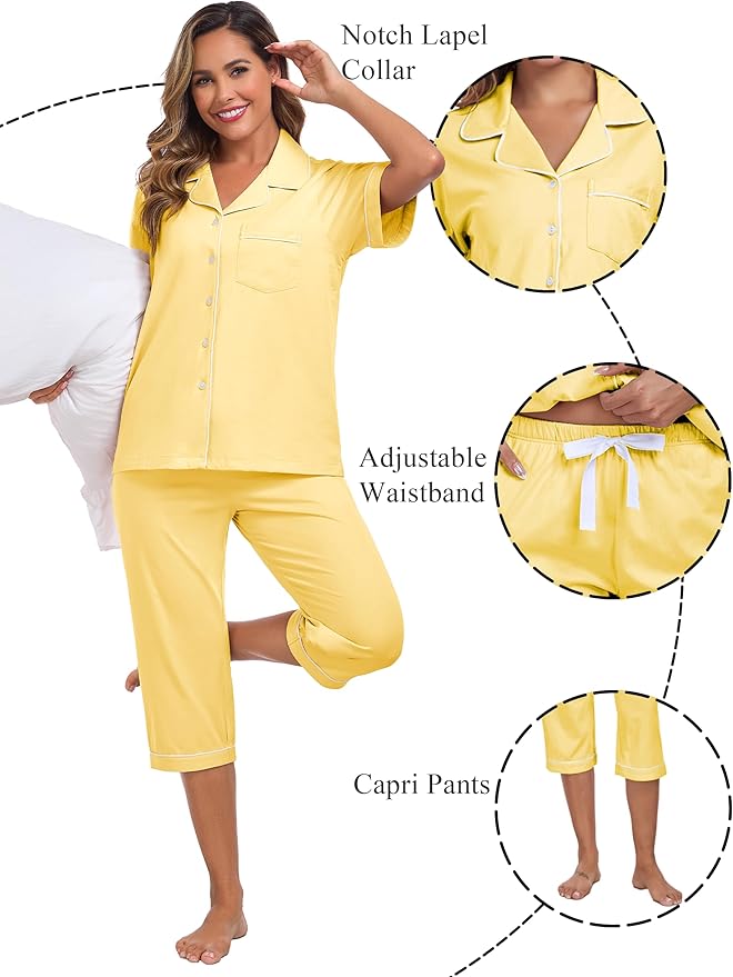 Women's 100% Cotton Capri Pajama Set - Short Sleeve - 2 Piece
