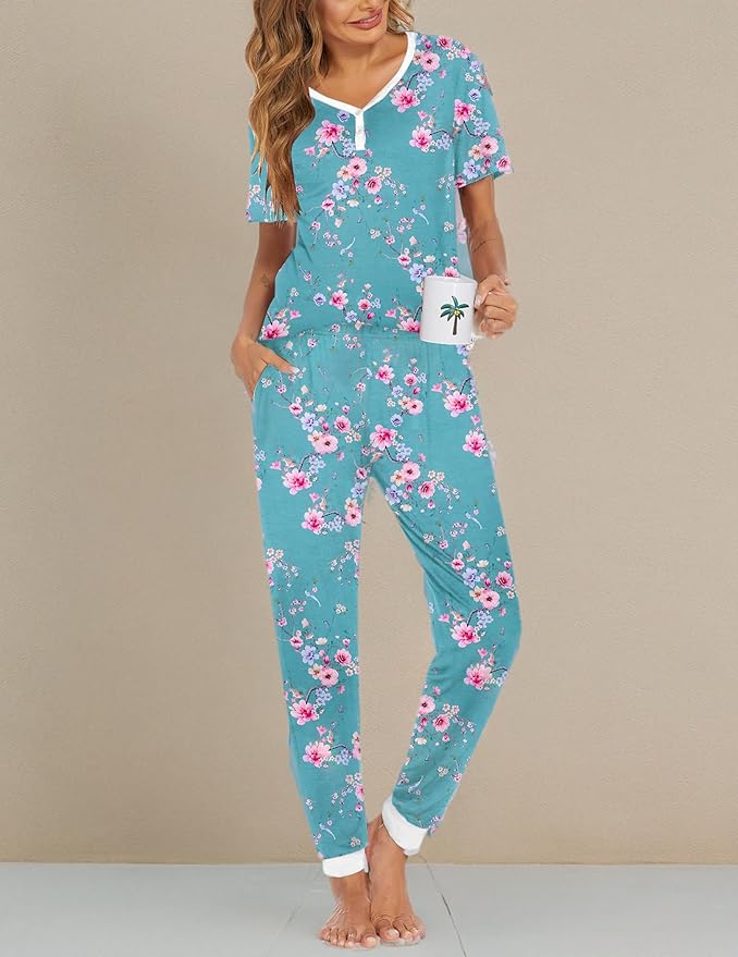 Women's Pants Pajama Set - Short Sleeve - 2 Piece