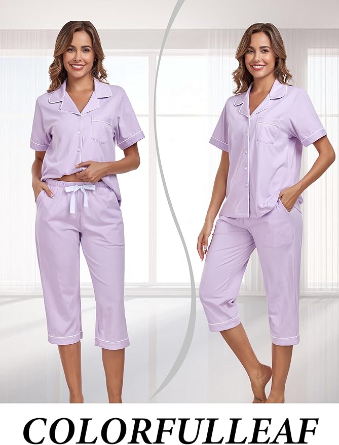 Women's 100% Cotton Capri Pajama Set - Short Sleeve - 2 Piece