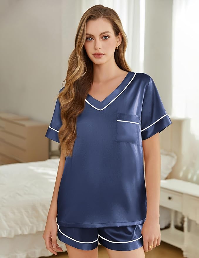 Women's Satin Pajama Set - Short Sleeve - 2 Piece