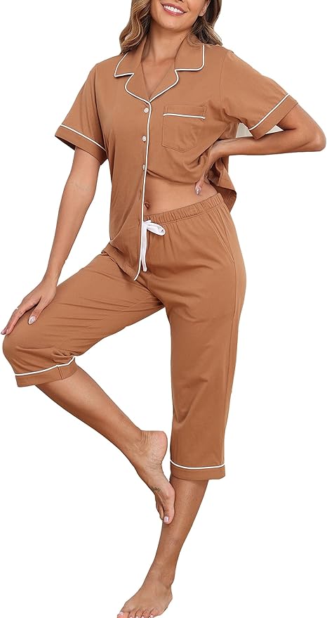 Women's 100% Cotton Capri Pajama Set - Short Sleeve - 2 Piece