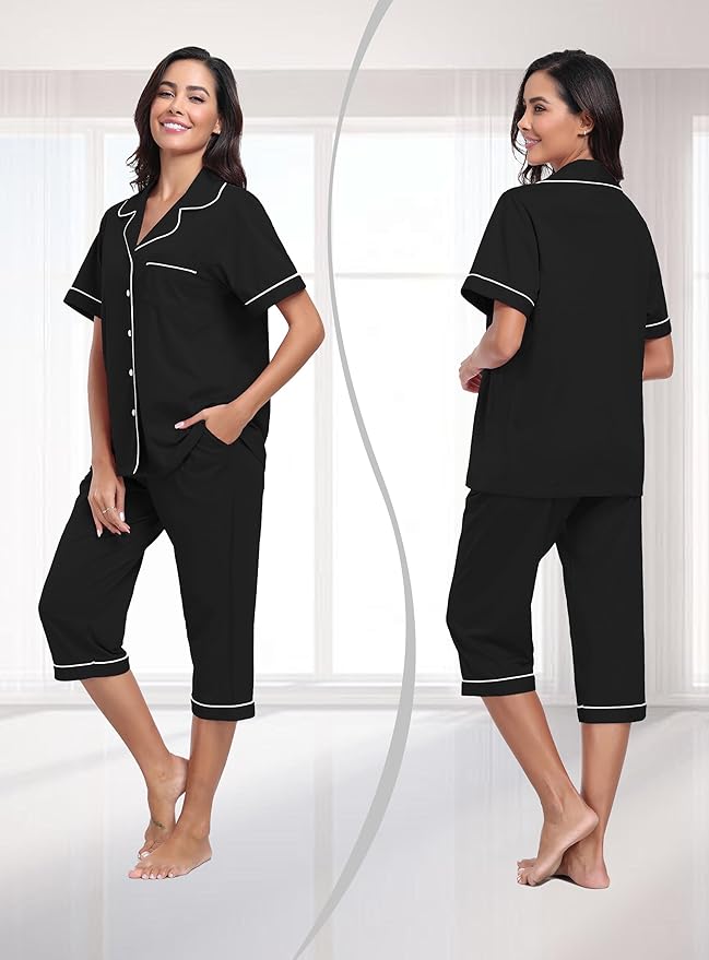 Women's 100% Cotton Capri Pajama Set - Short Sleeve - 2 Piece