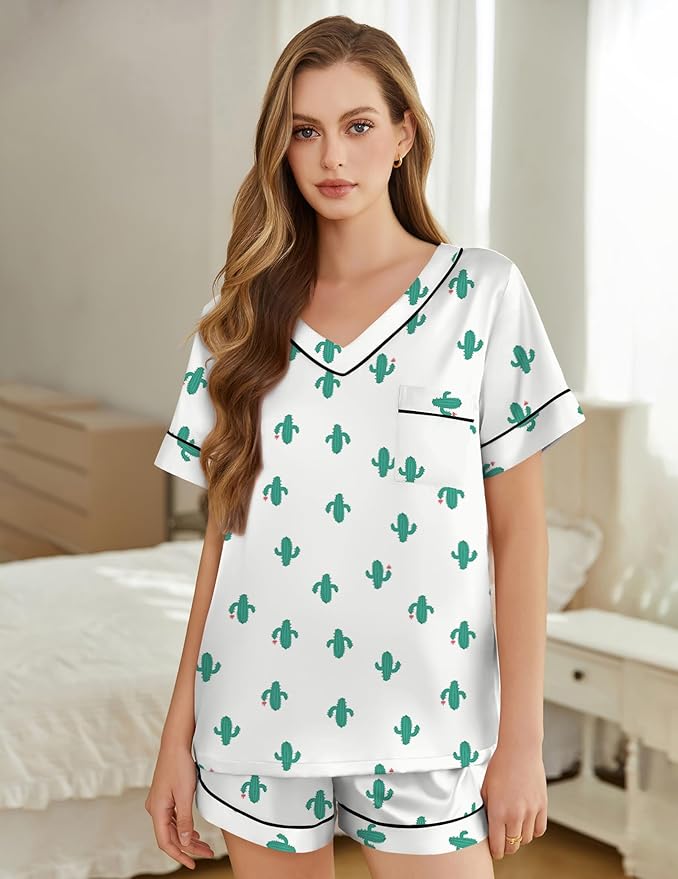 Women's Satin Pajama Set - Short Sleeve - 2 Piece