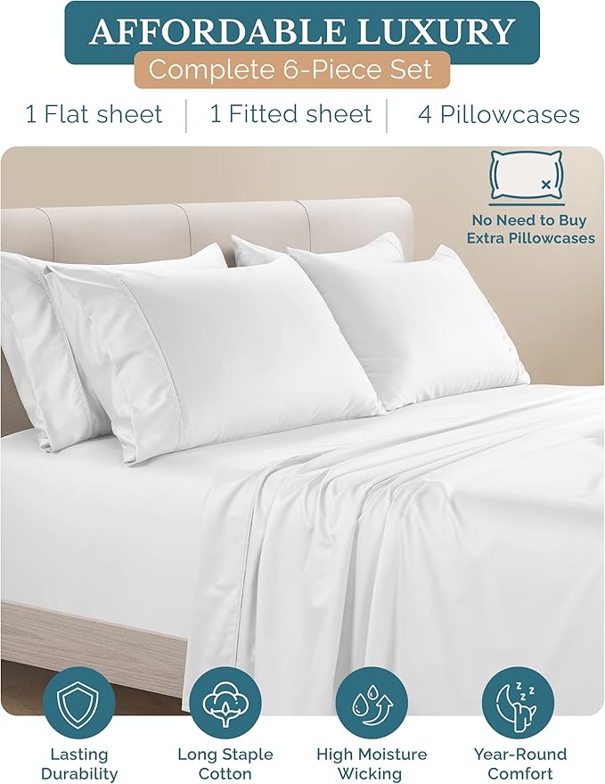 100% Cotton Bed Sheet Set - California King - 15 in Deep Pocket - 6 Piece
