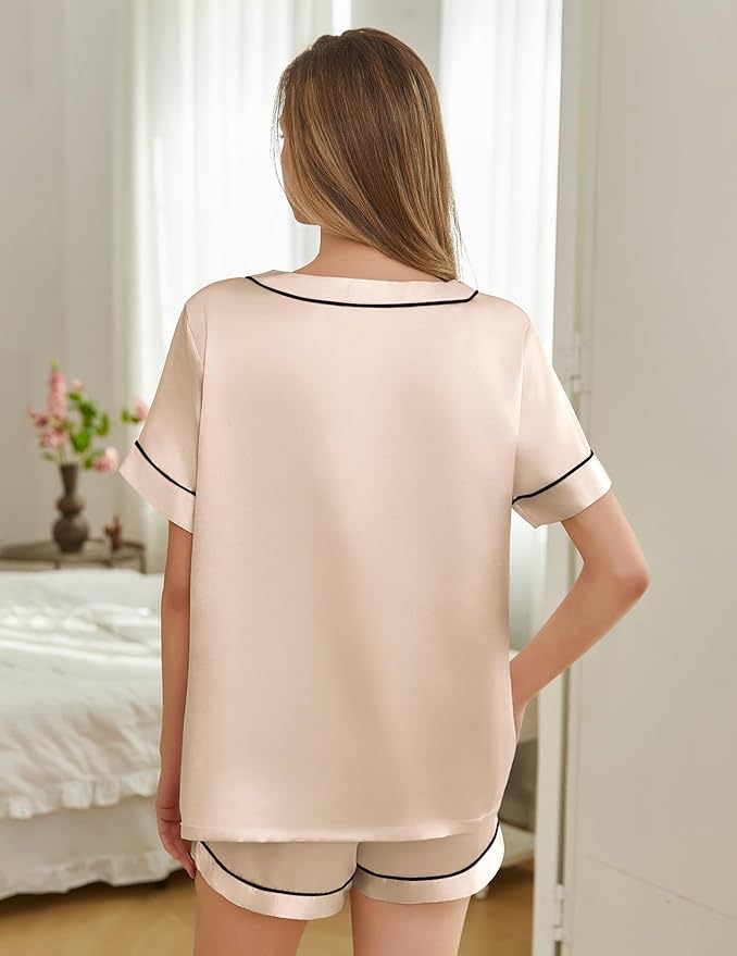 Women's Satin Pajama Set - Short Sleeve - 2 Piece