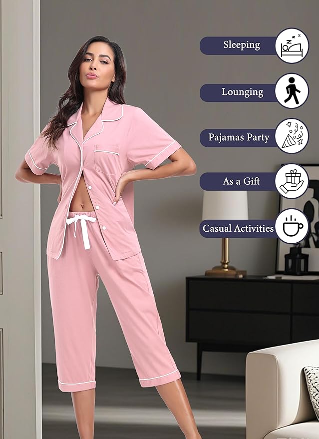 Women's 100% Cotton Capri Pajama Set - Short Sleeve - 2 Piece