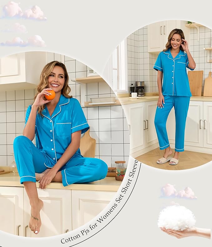 Women's 100% Cotton Pants Pajama Set - Short Sleeve - 2 Piece
