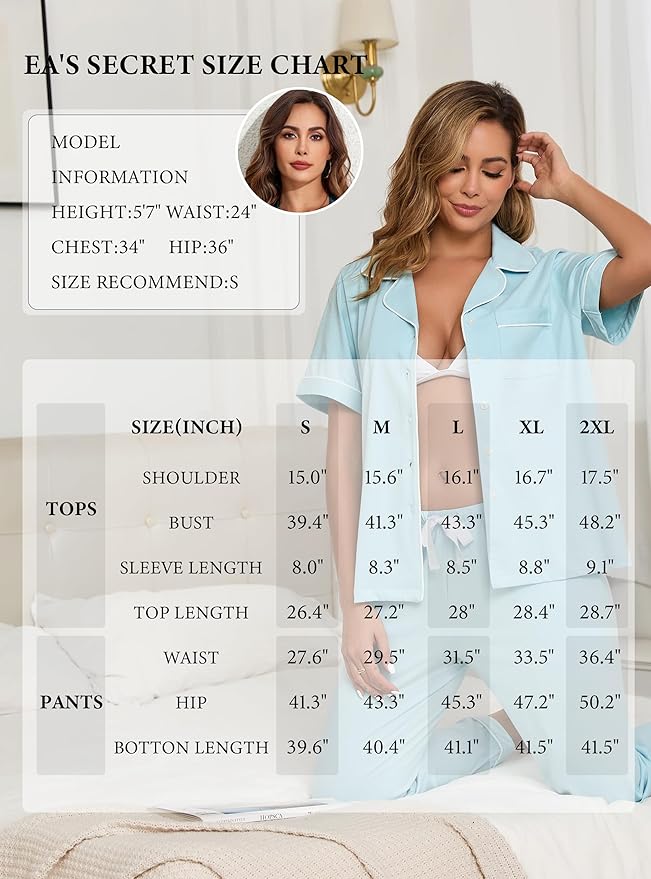 Women's 100% Cotton Pants Pajama Set - Short Sleeve - 2 Piece