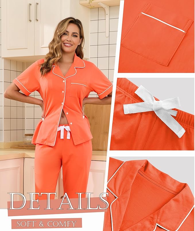 Women's 100% Cotton Pants Pajama Set - Short Sleeve - 2 Piece