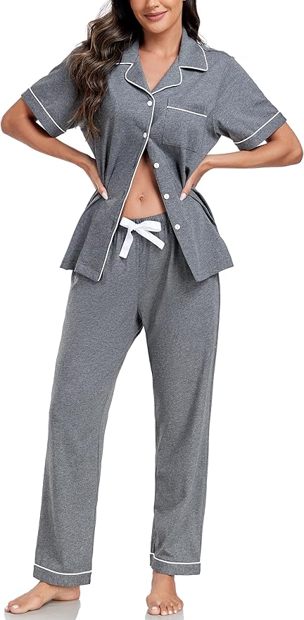Women's 100% Cotton Pants Pajama Set - Short Sleeve - 2 Piece