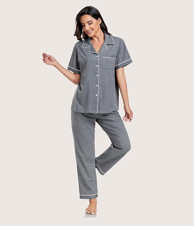 Women's 100% Cotton Pants Pajama Set - Short Sleeve - 2 Piece