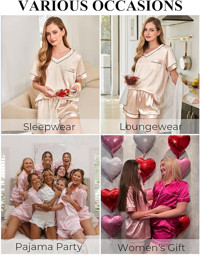 Women's Satin Pajama Set - Short Sleeve - 2 Piece