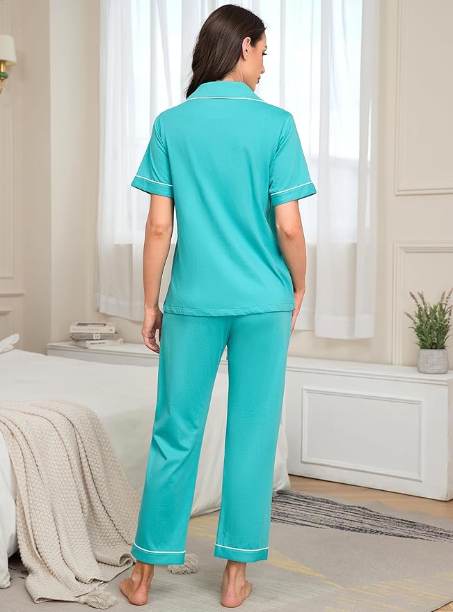 Women's 100% Cotton Pants Pajama Set - Short Sleeve - 2 Piece