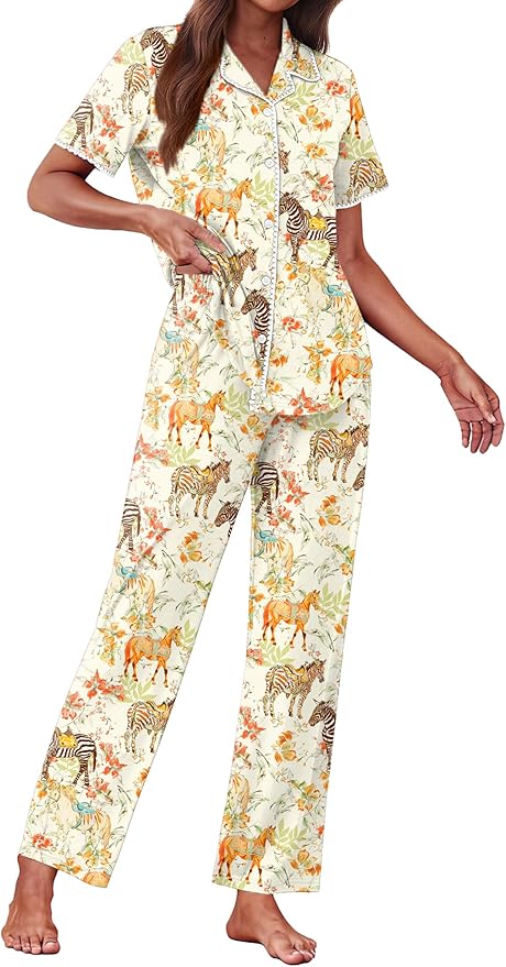 Women's Pants Pajama Set - Short Sleeve - 2 Piece