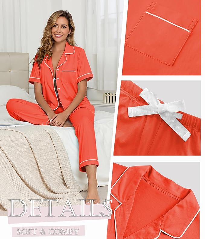 Women's 100% Cotton Pants Pajama Set - Short Sleeve - 2 Piece
