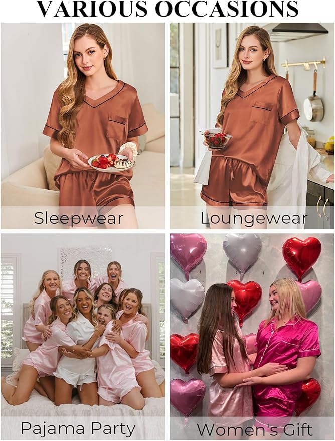 Women's Satin Pajama Set - Short Sleeve - 2 Piece